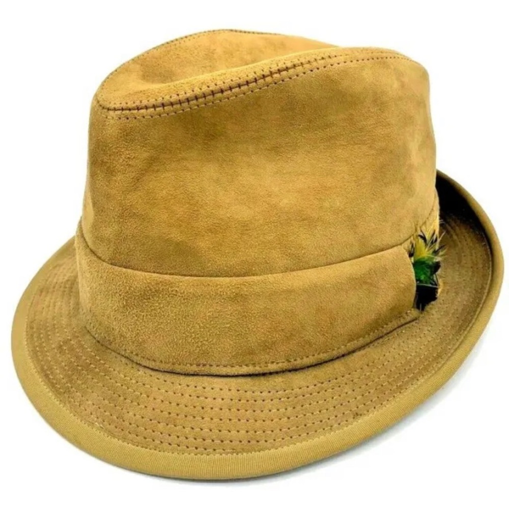 Vtg Biltmore Golden Pheasant Suede Fedora Tan Hat W/ Feather Size 7 1/4 - 7 5/8